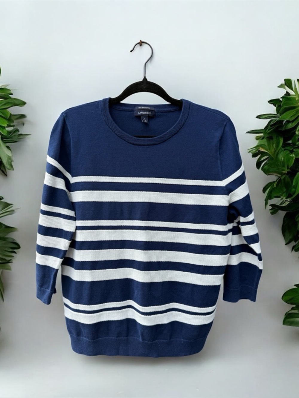 Lands End Navy Blue and White Striped Cotton Blend 3/4 Sleeve Sweater Large